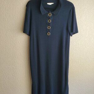 M. Martin Structured Knit Polo Dress Navy Merino Silk Cashmere Button Front XS